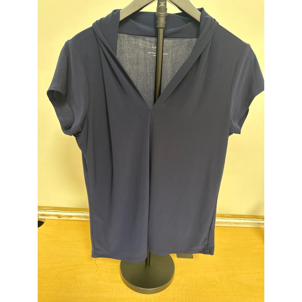 Grace Navy Blue V-Neck Shawl Collar Short Sleeve Pleated Front Top Size L